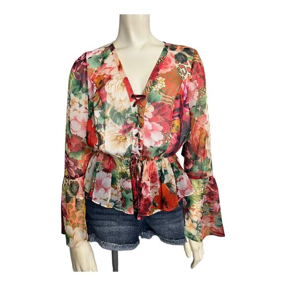 NWT Guess Long Sleeve Demi Blouse Peony Animal Print Women's Size XS Boho Flower - Picture 1 of 10